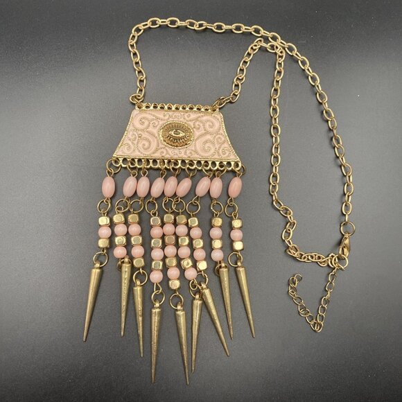 Victorian Style Bib Necklace Pink Enamel Panel Beaded Fringe Gold Tone 19" Boho - Picture 1 of 8